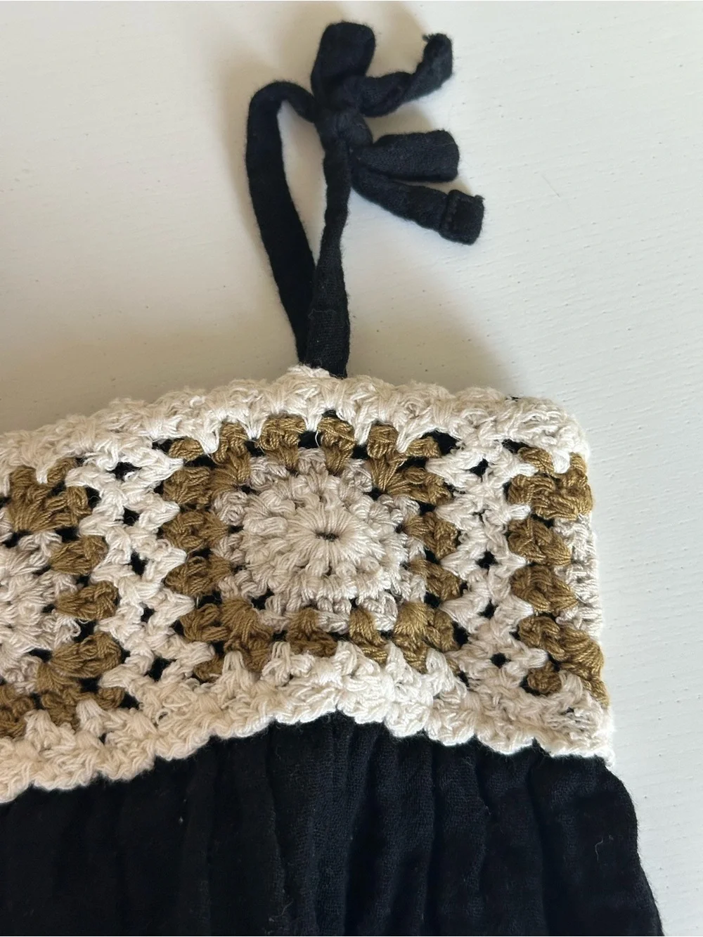 Old Navy Black Romper with Cream and Tan Crochet Trim